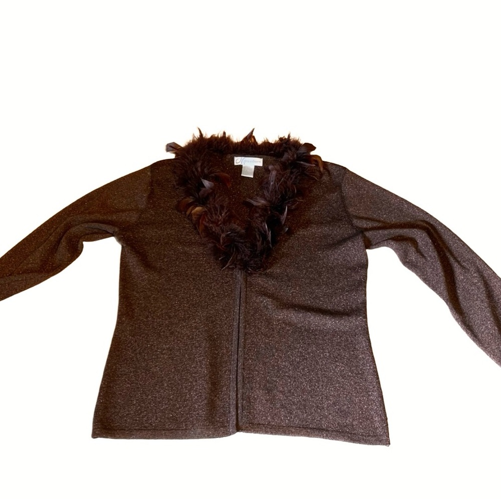 VINTAGE Y2K DRESSBARN BROWN W/METALLIC THREAD CARDIGAN W/FAUX FEATHER COLLAR (M) - Picture 10 of 14